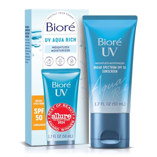 Biore UV Aqua Rich Daily Hydrating Facial Moisturizer with SPF 50, Oil Free Sunscreen with Hyaluronic Acid, No White Cast, Non-Comedogenic, For Sensitive Skin, PA++++, 1.7 Oz