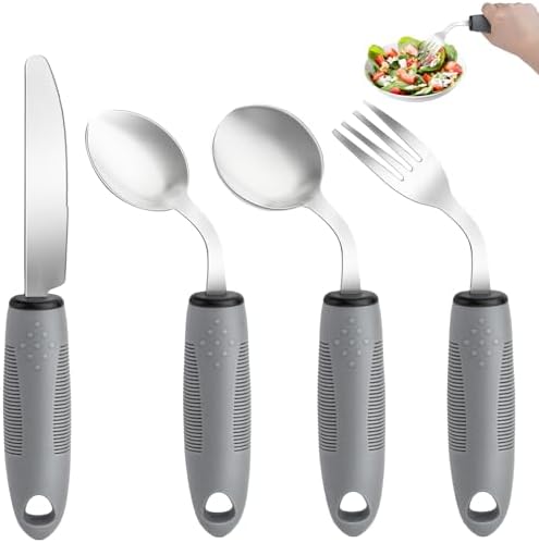 Weighted Adaptive Utensils, 4Pcs Weighted Utensils for Hand Tremors, 45°Angled Parkinsons Utensils for Elderly, 3.5oz Weighted Built Up Utensils for Adults, Disabled, Parkinson, Right-Handed