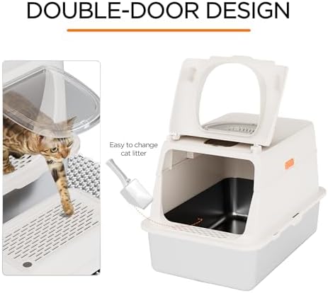 Citylife Stainless Steel Cat Litter Box with Lid，XL Extra Large Enclosed Removable Metal Litter Box with Litter Scoop&Double Layer Litter Mat,Non-Sticky，Non-Odor,Easy Cleaning, for Big Cats，White