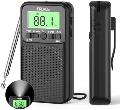 PRUNUS J-128 Pocket AM FM Radio Portable with Battery Operated Radio by 2 AA,Automatic Station,Headphone Jack,Back Clip,Flashlight,Large Screen,Lock Key Walkman Radio, Alarm/Sleep Timer,Digital Radio