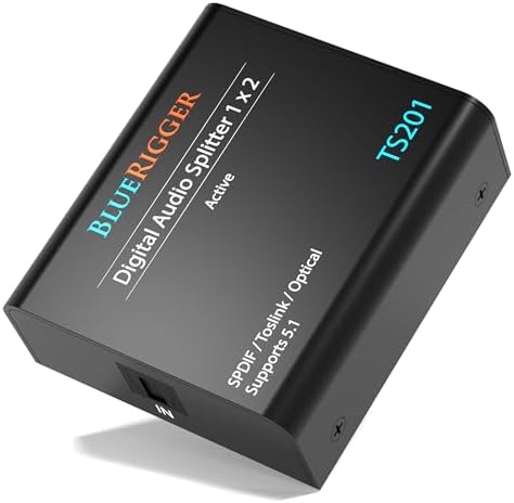 BlueRigger Digital Optical Audio Splitter 1x2 (Active Toslink Splitter 1 in 2 Out, SPDIF, Fiber Optic Audio Adapter) - Toslink Optical Splitter for Home Theatre, Xbox, PS5/ PS4, DVD, Receiver, HDTV