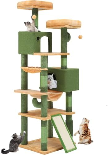 YITAHOME 76in Tall Cactus Cat Tree Tower with Self-Grooming Brush, Cute Cat Climbing Tower for Indoor Cats with Cat Condo, Plush Platform, Hammock, Sisal Scratching Posts, Dangling Ball