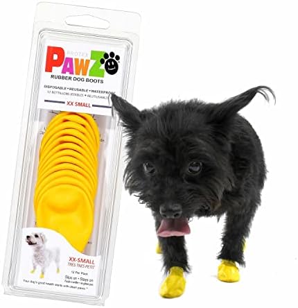 PawZ Rubber Dog Boots for Paws up to 1" - 1/2" - Dog Booties for Hot Pavement, Anti Slip Dog Socks, 12 Reusable Paws Waterproof Dog Boots, XXS, Yellow