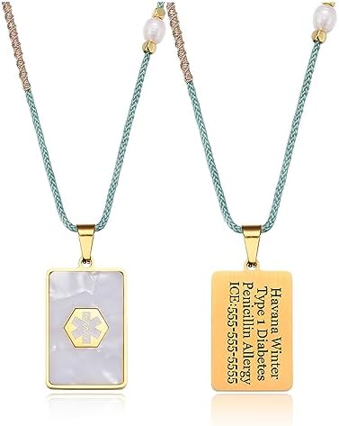 Medical Alert Necklace for Women Shell & Gold-Tone Stainless Steel Emergency ID Tag Pendant Necklace for Girls Custom Engraved Medical Alert Jewelry