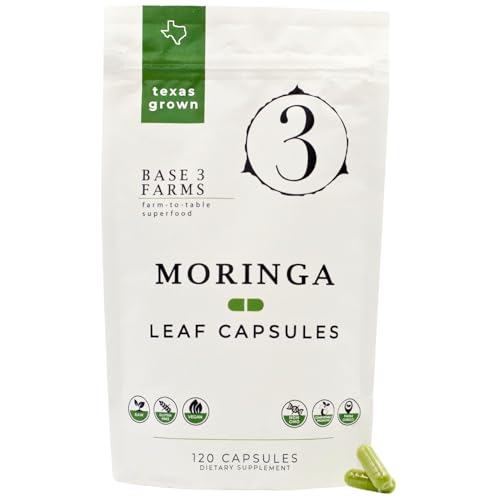 Base 3 Farms 100% Organically Grown in USA, Moringa Capsules, Non-GMO, Vegan Capsules, Raw, Gluten-Free, 100% Pure Moringa Leaf: Energy, Weight, Recovery - 120ct (500mg) Eco-Friendly Bag