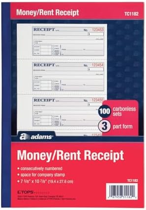 Adams Money and Rent Receipt Book, 3-Part, Carbonless, White/Canary/Pink, 7-5/8" x 10-7/8", Bound Wraparound Cover, 100 Sets per Book, 4 Receipts per Page (TC1182)