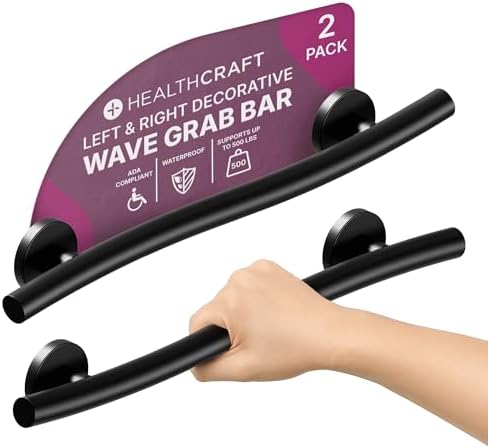 HEALTHCRAFT (2X Pack) Wave Decorative Grab Bars, ADA Compliant Bathroom Safety Bars for Seniors, Wall-Mounted, Supports Up to 500 lbs (Left & Right) (Matte Black, 24 Inch)