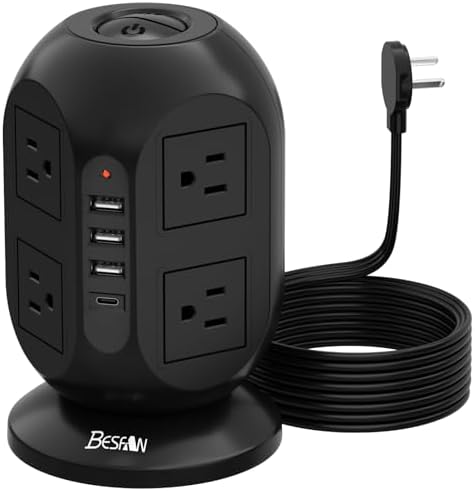 Tower Surge Protector Power Strip 10 ft with 8 Outlets 4 USB Ports(1 USB C), Flat Plug Extension Cord with Multiple Outlets Charging Station for Home Office Dorm, Black