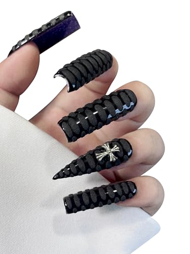 HAND-PAINTED White False Nails Set Coffin Press on Nails Pressons Kit Medium Length Stick on Nails Shoot Nail Art Short Nails with Nail Glue on Nails Square, Long Almond Nail (K13, Custom)