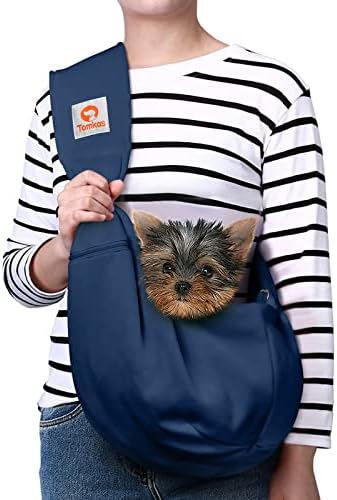Tomkas Small Dog Sling Carrier - Zipper Pocket & Adjustable Strap & Zip Pocket - for 3-10 lbs Pets(Dark Blue)