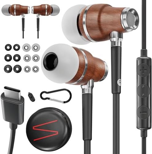 Symphonized iPhone Earphones Wired Deep Bass Sound, 3D Sound, Microphone Volume Control, 90% Noise Cancelling, Bubinga Wooden Type C Devices, iPhone 15 to 16 & Android (USB C) Earbuds (Jet Black)