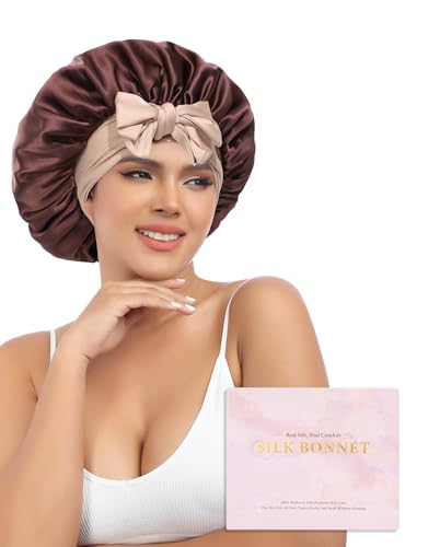 AWAYTR Silk Bonnet for Sleeping Women 100% Mulberry Silk Bonnet with Band 2 Layer Reversible Hair Bonnet Sleeping Hair Wrap (Silk, Dark Brown/Light Champagne)