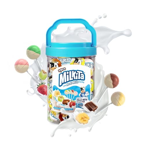 Milkita Creamy Shake Lollipop Jar, Gluten Free Chewy Candies with Calcium & Real Milk, Low-Sugar, Assorted Flavors (Strawberry, Chocolate, Honeydew, Banana), 45 Pcs