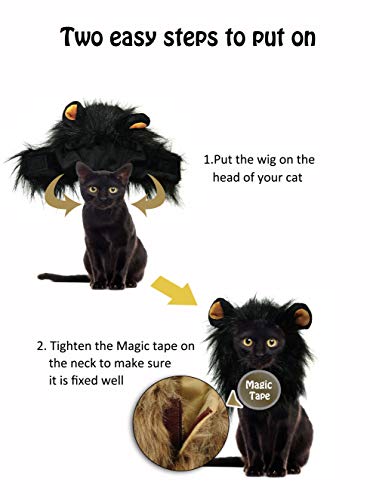 Onmygogo Lion Mane Wig for Cats, Funny Pet Cat Costumes for Halloween Christmas, Furry Pet Clothing Accessories (Size M, Black)