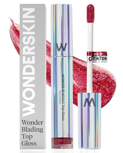 Wonderskin WONDER BLADING Top Gloss - Red Glitter Lip Gloss, Hydrating and High Shine Finish Lip Makeup (Red Glitter)