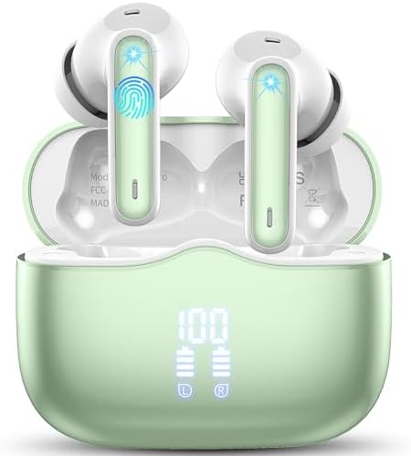 Wireless Earbuds, Bluetooth 5.3 Headphones in Ear with HiFi Stereo Deep Bass, 4 ENC Noise Cancelling Mic Wireless Earphones 40H Playtime, Bluetooth Earbuds Dual LED Display IP7 Waterproof, Green