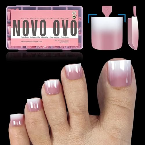 Ombre French Tip Press on Toe Nail Tips, Sharp Square Pre-Designed Soft Gel False Toenail Extension, BERRY PINK Pre-applied Tip Primer & Base Coat, Full Cover Acrylic DIY x 15 Sizes 240 pcs