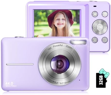 Toberto Digital Camera for Teens, FHD 1080P Digital Camera for Kids with 16X Zoom Anti Shake, Flashlight, 44MP Point and Shoot Camera Compact Small Camera for Girls, Boys, Students - Purple