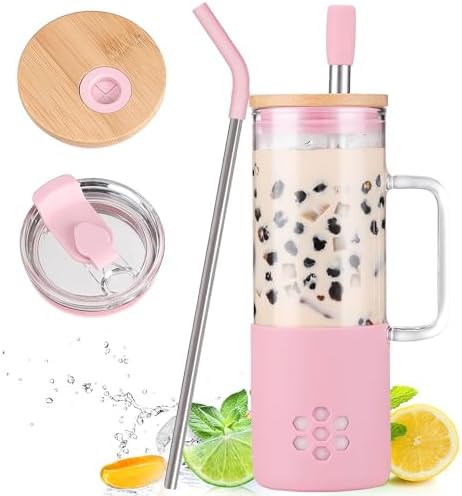MUKOKO 20 oz Glass Tumbler with Handle and 2 Lids - Bamboo Lid & On the Go Lid, Glass Water Bottle with Straw, Pearl Milk Tea & Drinking Straw Smoothie Cups with Silicone Sleeve BPA Free - Pink