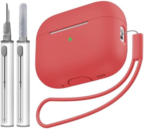 Compatible with Airpods Pro 2 Case, Soft Silicone Skin Cover Protective Cases with Cleaner kit and Lanyard Compatible for AirPod Pro 2nd Generation, Front LED Visible-Red