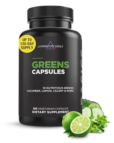 Livingood Daily Greens Capsules (120 Vegetarian Capsules) - Super Greens Supplement with Spirulina, Chlorella, Broccoli, Spinach for Energy, Digestive, & Gut Health - Fruit & Vegetable Supplements