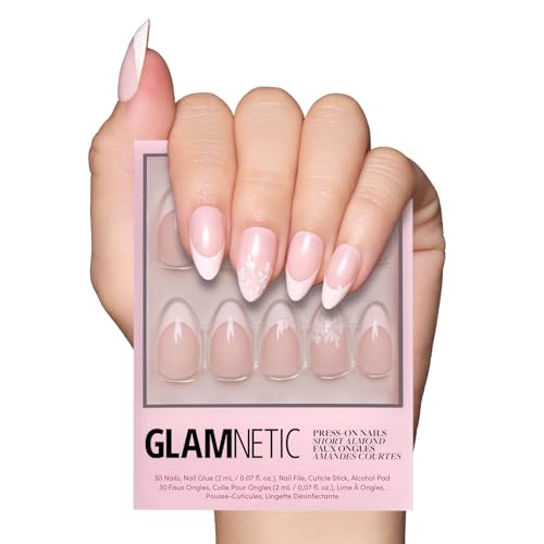 Glamnetic Press On Nails - All Time Love | Short Almond Nails with French Tips and Leaf Accents, Reusable Stick On Fake Nails | Love In Bloom Spring Nails | 15 Sizes - 30 Nail Kit with Glue