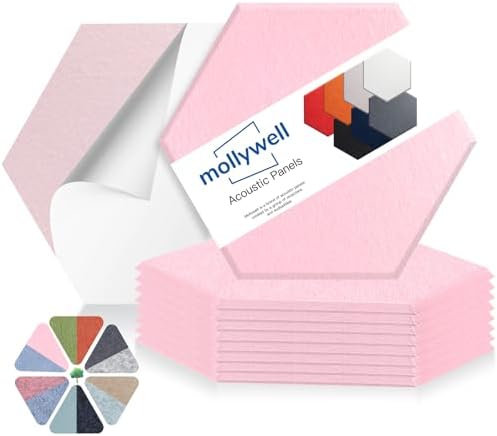 Hexagon Acoustic Panels, High Density, Soundproofing, Decorative Noise Reduction Felt Wall Tiles for Ceilings, Home Office & Gaming Room (Cherry Blossom Pink), 14x12x0.4 Inch