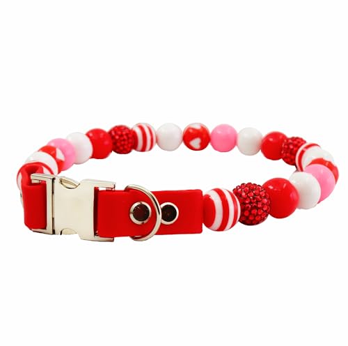 Pet Collar for Small Medium and Large Dogs Beaded Silicone Dog Necklace Handmade Girl Bling Fancy Female Cats Pretty Pearls Perla (Valentine Day)