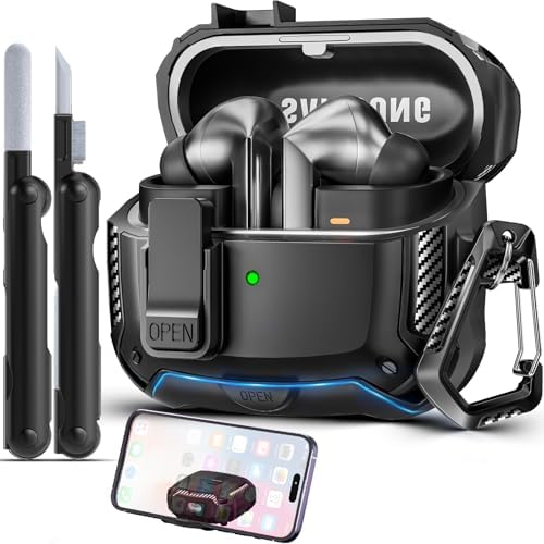 Compatible with Samsung Galaxy Buds 3 Case & Galaxy Buds 3 Pro Case with Phone Stand,Secure Lock Clip & Cleaning kit Carbon Fiber Protection Design Case for Galaxy Buds 3 Pro-Black