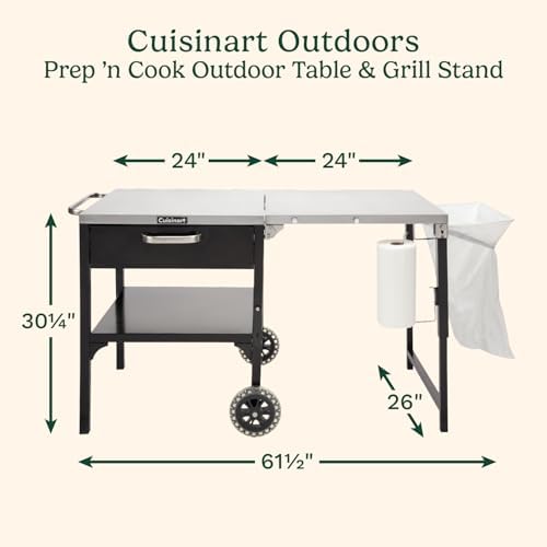 Cuisinart Prep ‘n Cook Outdoor Table and Grill Stand, Stainless Steel Folding Table with Wheels, 48” x 24” Prep Station for Home BBQ, Tailgates, Cookouts