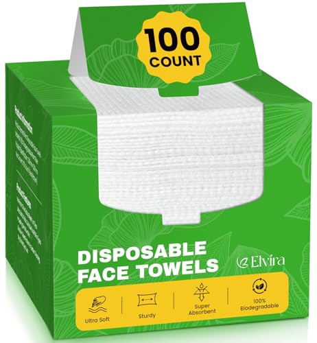 Elvira 100 Count Disposable Face Towels, Biodegradable Facial Clean Towels, Ultra Soft & Thick Cloth for Sensitive Skin, Makeup Remover Dry Wipes, Lint-Free Towelettes for Cleansing