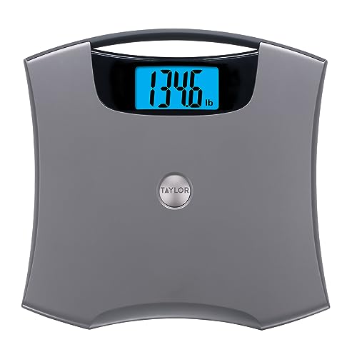 Taylor Digital Scales for Body Weight, Extra High 440 LB Capacity, Built in Handle, Jumbo Blue Readout, Durable Platform, 13.0 x 12.0 Inches, Silver Metallic