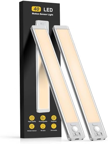 Under Cabinet Lights, 40 LED Rechargeable Battery Operated Motion Sensor Light Indoor, 2 Pack Magnetic Dimmable Closet Lights, Wireless Under Counter Lights for Kitchen, Stairs