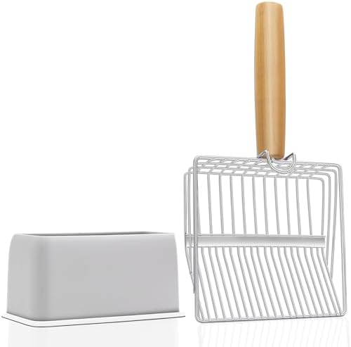 UFECODO Fast Sifting Cat Litter Scoop with Holder Stand, 2 Widths of Slots Stainless Steel Poop Scooper with Ergonomic Wood Handle, Heavy Duty and Easy Clean
