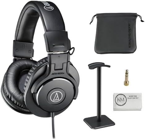 Audio-Technica ATH-M30x Professional Monitor Headphones | Black Bundled with Over The Ear Headphones Stand + Cleaning Cloth (3 Items)