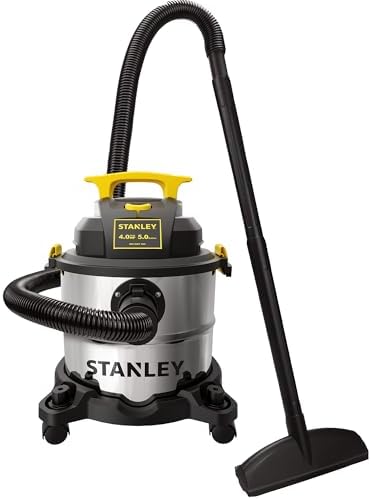 STANLEY Wet/Dry Vacuum SL18115, Stainless Steel Tank, 5 Gallon 4HP Shop Vacuum, Portable Style Ideal for Home/Shop/Jobsite Dust Collection Job with Vacuum Attachments, Silver+Yellow