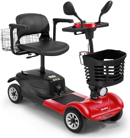 4 Wheel Compact Mobility Scooter for Seniors and Adults,Foldable Electric Scooter, Heavy Duty Travel Model with Lights, Basket, and Long-Lasting Battery (Red)