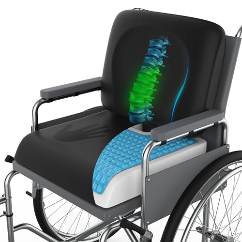 CUSHIO Wheelchair Cushion for Pressure Relief - (2-Piece Set) 18”x16” Anti-Slip Wheelchair Seat Cushions for Adults, Seniors with Lumbar Pillow and Removable Strap, Gel Cushion for Wheelchair