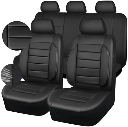 CAR PASS Leather Seat Covers Full Set Universal Water Resistant 3D Foam Back Support, Luxury Comfort Automotive 5 Seat Covers All Season Fit for SUV,Sedan,Van, Airbag Compatible Elegance(Pure Black)