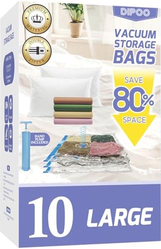 10 Pack Large Vacuum Storage Bags with Hand Pump, 80% Storage Space Saving, Sturdy Leak-Free Space Saver Vacuum Seal Bags for Clothing, Vacuum Compression Bags for Travel Lugggage