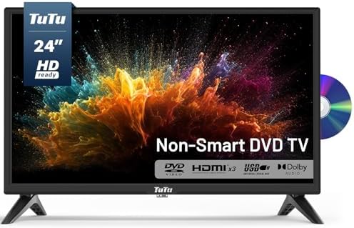 TuTu 24 Inch TV with DVD Player Built-in, 720P HD LED Small Flat Screen TV with 3 HDMI, USB, Optical VGA, Non-Smart TV or Monitor for Kitchen, Room, Basement, or RV Camper