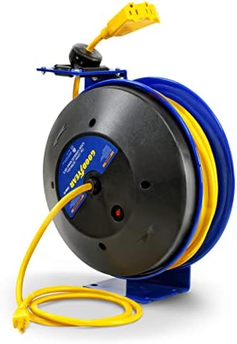 Goodyear Extension Cord Reel Retractable 12AWG x 50' Feet 3C SJTOW Cable Triple Tap Connector Power Rating 125 Volt AC 13 Amp 1625 Watt Industrial Steel Single Arm