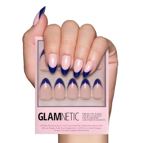 Glamnetic Press On Nails - French Riviera | Semi-Transparent Navy Blue French Tip Short Almond False Nails, Reusable Stick On Fake Nails with Glue | Salon Quality | 15 Sizes - 30 Nail Kit