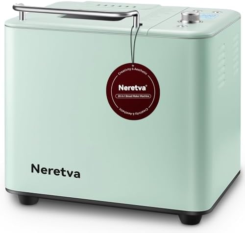 Neretva 20-IN-1 Bread Maker, Dual Heater 2LB Bread Machine All Metal&Nonstick Ceramic Pan Bread Maker Machines Compact for Gluten Free/Dough Maker/Dried Meat Floss/Jam/Yogurt, Breadmaker-Light Green
