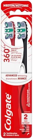 Colgate 360 Optic White Advanced Whitening Toothbrush, Adult Medium Toothbrush with Whitening Cups, Helps Whiten Teeth and Removes Odor Causing Bacteria, 2 Pack