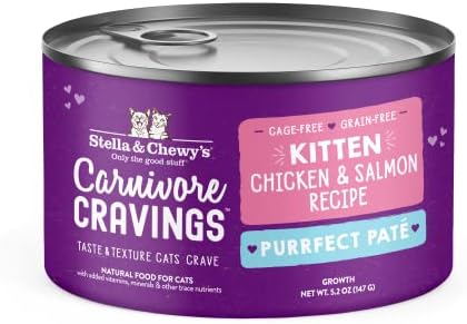 Stella & Chewy's Carnivore Cravings Purrfect Pate Cans – Grain Free, Protein Rich Wet Cat Food – Cage-Free Chicken & Salmon Kitten Recipe – (5.2 Ounce Cans, Case of 24)