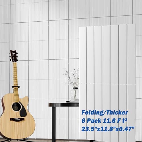 6 Pack Self-Adhesive Fold Soundproof Wall Panels, 24 x 12 x 0.47 in Sound Proof Foam Panels for Walls, 1.2lb/ft³ High Density, Thicker 0.47in, Acoustic Panels, Sound Dampening Panels White