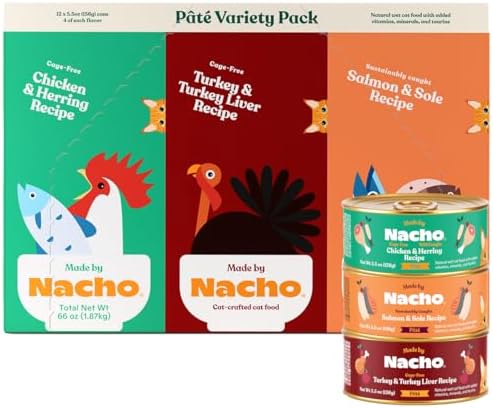 Made by Nacho Premium Wet Cat Food Grain-Free Pate Cans, 12 Pack, (Chicken, Salmon, and Turkey) (Pate Variety Pack, 5.5 Ounce), Limited Ingredients