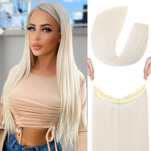 REECHO Invisible Wire Hair Extensions with Transparent Headband Adjustable Size Removable Secure Clips in Straight Secret Hairpiece for Women (24 Inch (Pack of 1), Platinum Blonde)