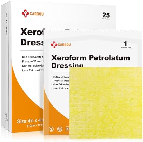 Carbou 4"x4" Medical Xeroform Petrolatum Dressing, Non-Adherent Gauze Pads, Soft Fine Mesh Gauze Patch for Wound Care, Burns, Lacerations, Skin Grafts & Surgical Incisions, 25 Individual Pack